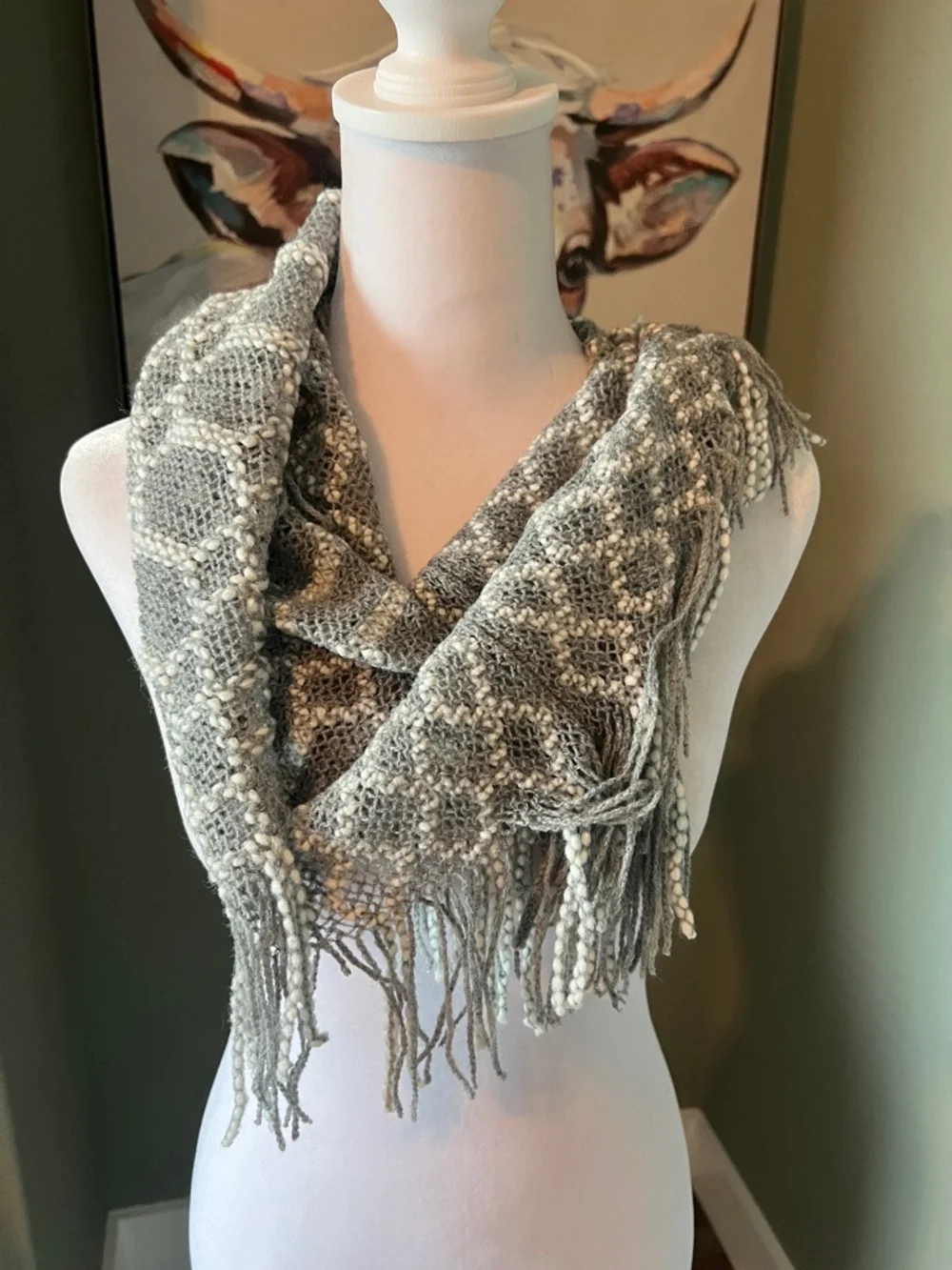 Chunky Knit Fringe Scarf‎ - Gray